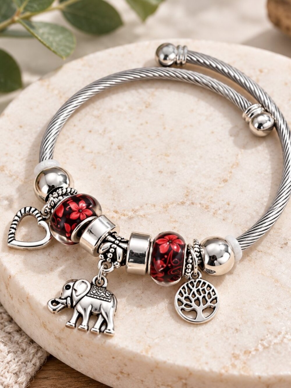 Red Floral Silver Tone Charm Bracelet Elephant Tree of Life Boho